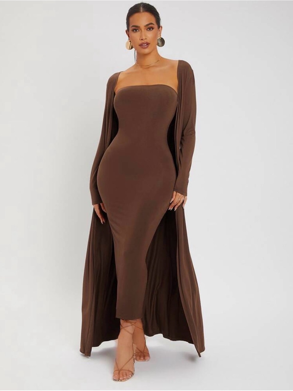 SHEIN Brown Strapless Midi Dress with Matching Duster
